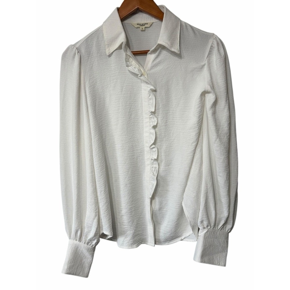 Max Studio White Ruffle-Front Button Down Blouse - Picture 2 of 5